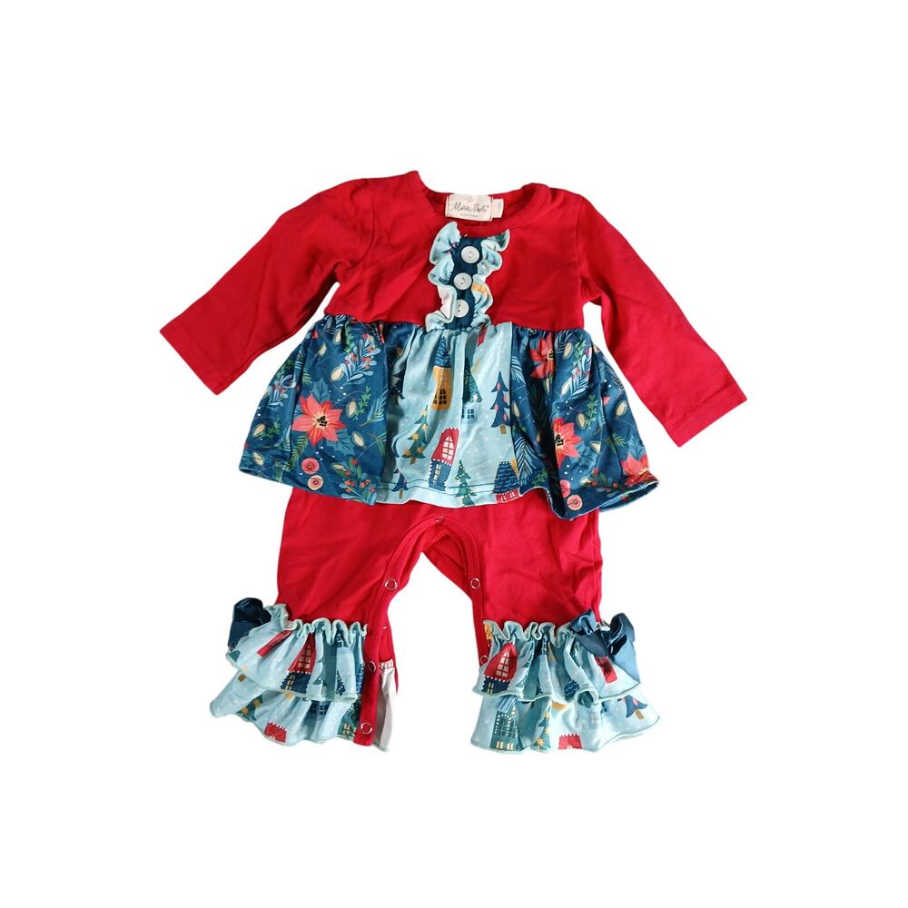 Marie Nicole One Piece Outfit Baby 3-6M Red Christmas Ruffle Skirt Button